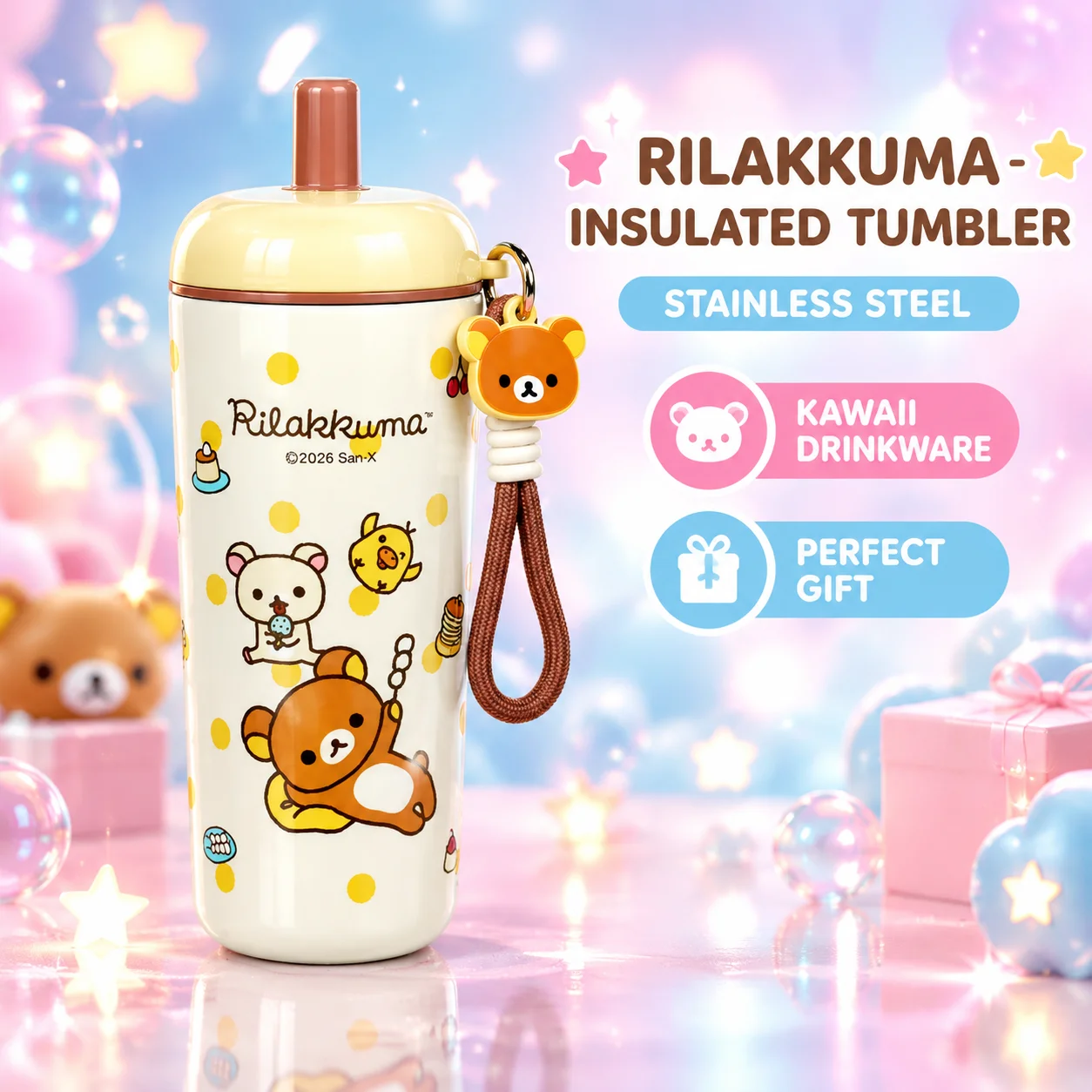In Stock Rilakkuma 560ml Stainless Steel Straw Insulated Water Bottle Portable Leakproof Travel Car Mug For Adults Surprise Gift