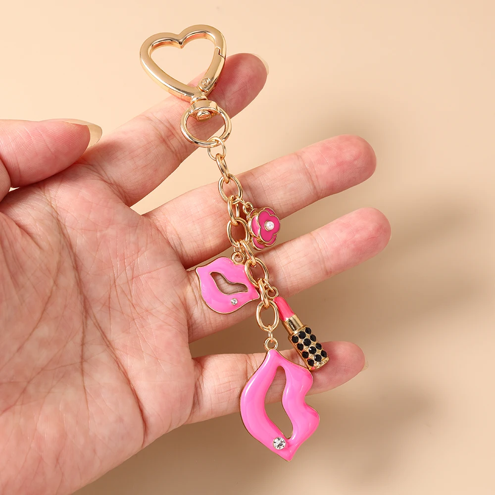 Modischer Handgefertigter Roter Lippenstift-Blumen-Schlüsselanhänger für Autoschlüssel, Damen- und Herren-Handtaschen, Geldbörsen-Anhänger, Schlüsselringe, DIY-Schmuckdekoration – Detail 2