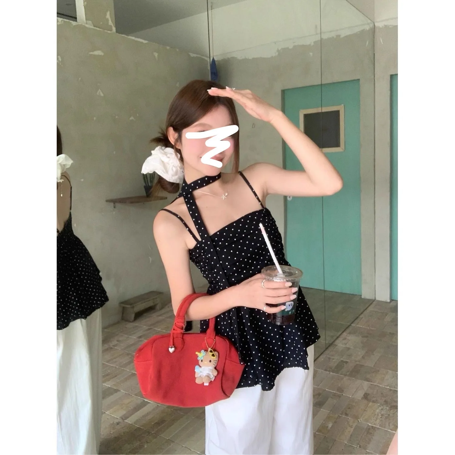 Sweet spicy girl black polka dot camisole vest women's summer retro waist cinching slim fit inner outer wear anti-aging top vest
