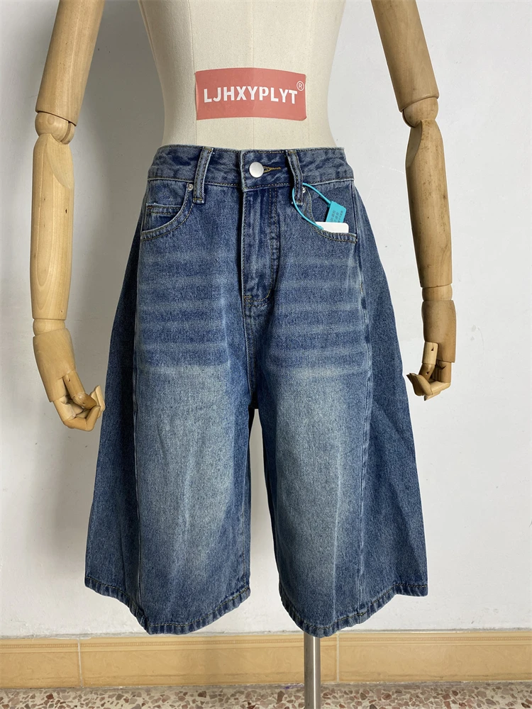 Summer Girl Retro Wide Leg Shorts Blue Denim Cropped Pants Women's Calf-length Jeans Female High Waist Unisex Capris Pants