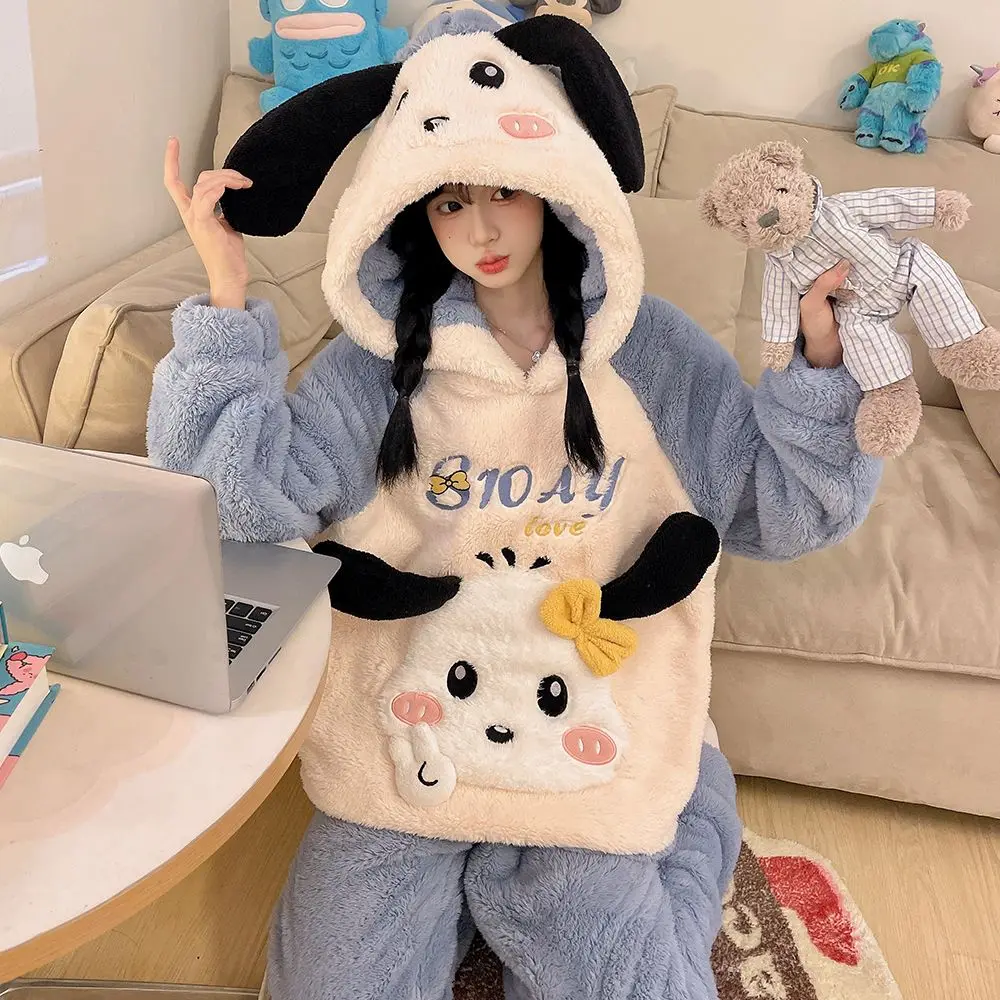 Sanrio Hello Kittys Cinnamoroll Coral Velvet Pajamas Women Kuromi Cartoon Long Sleeve Warm Girls Cute Melody Warm Homewear Set