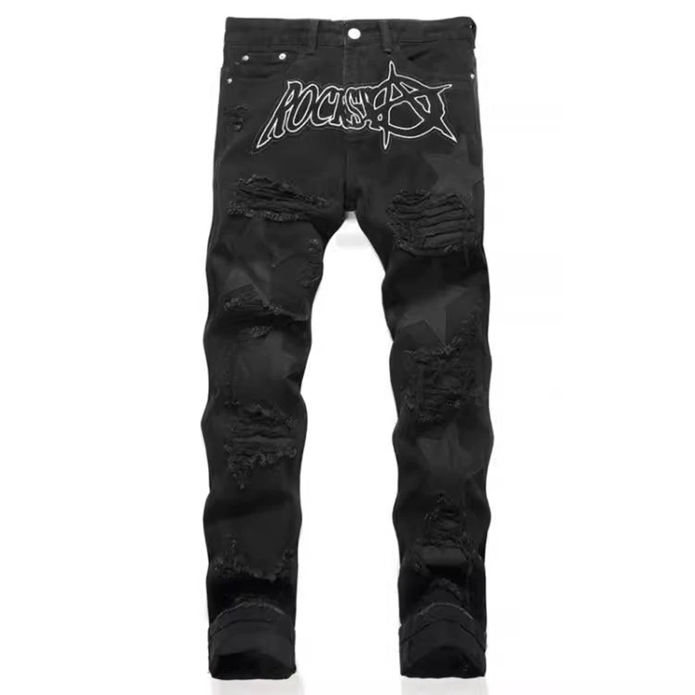 

Men Jeans Ripped Letters Five-Pointed Star Patch Pants Streetwear Fashion Punk Style Youth Casual Pants Male Men'S Clothing 2024