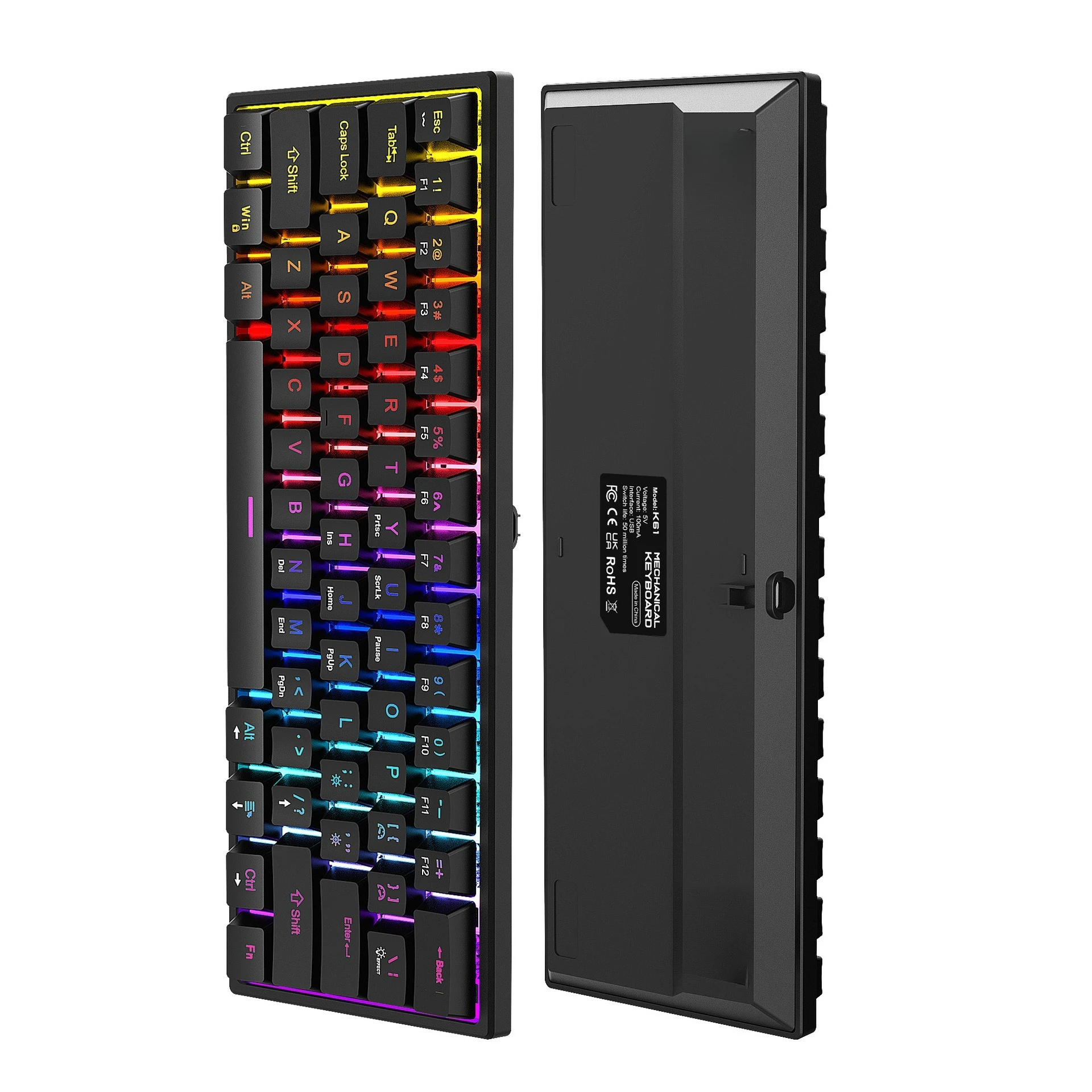 Teclado mecânico com 61 teclas, teclado mecânico com fio, eixo verde, iluminação RGB para jogos, teclado para portátil, teclado 60%, teclado para PC, teclado mecânico.