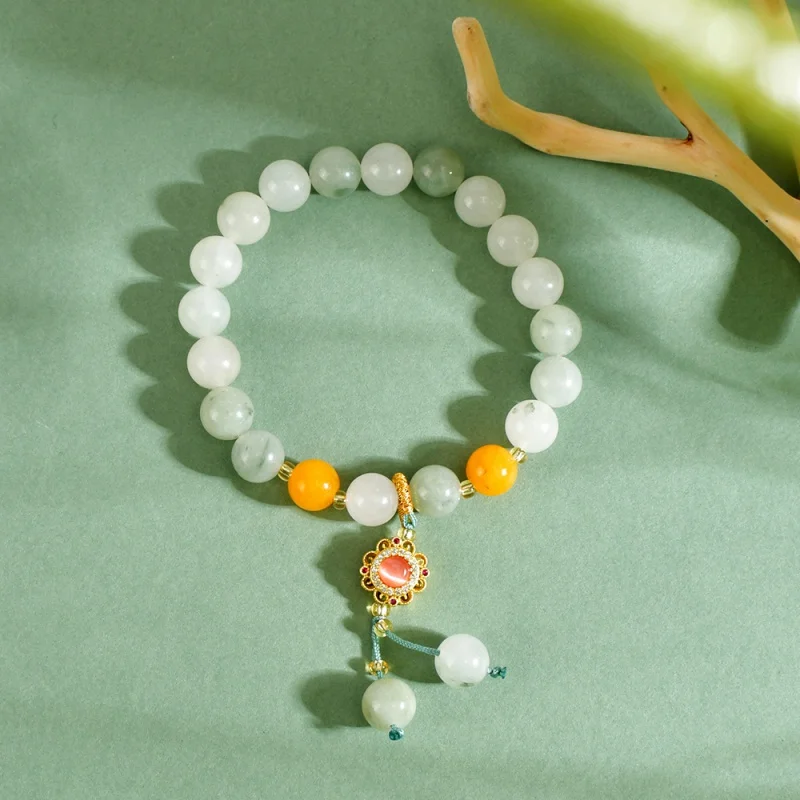 New Chinese Style Natural Jade Tianshan Jade Bracelet Female White Agate Handmade Bracelet High-Grade Niche Bracelet