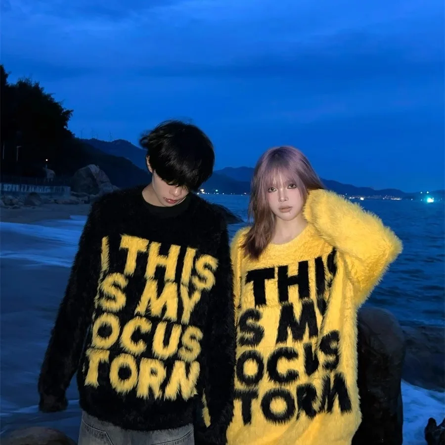 سترة للزوجين على الطراز الأمريكي، ملابس خارجية شتوية محبوكة فضفاضة غير رسمية للرجال والنساء برقبة دائرية وأكمام طويلة