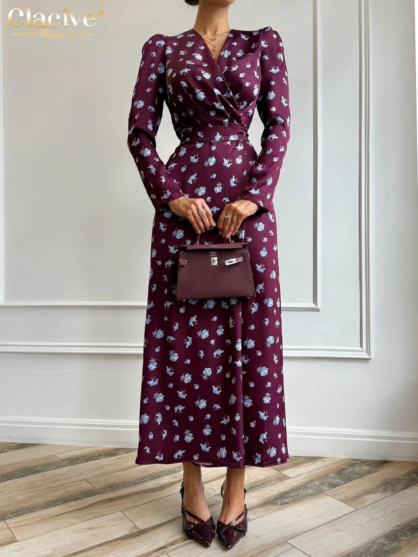 

Clacive Fashion Loose Print Women's Dress 2026 Spring V-Neck Long Sleeve Midi Dresses Elegant Classic High Waist Female Dress