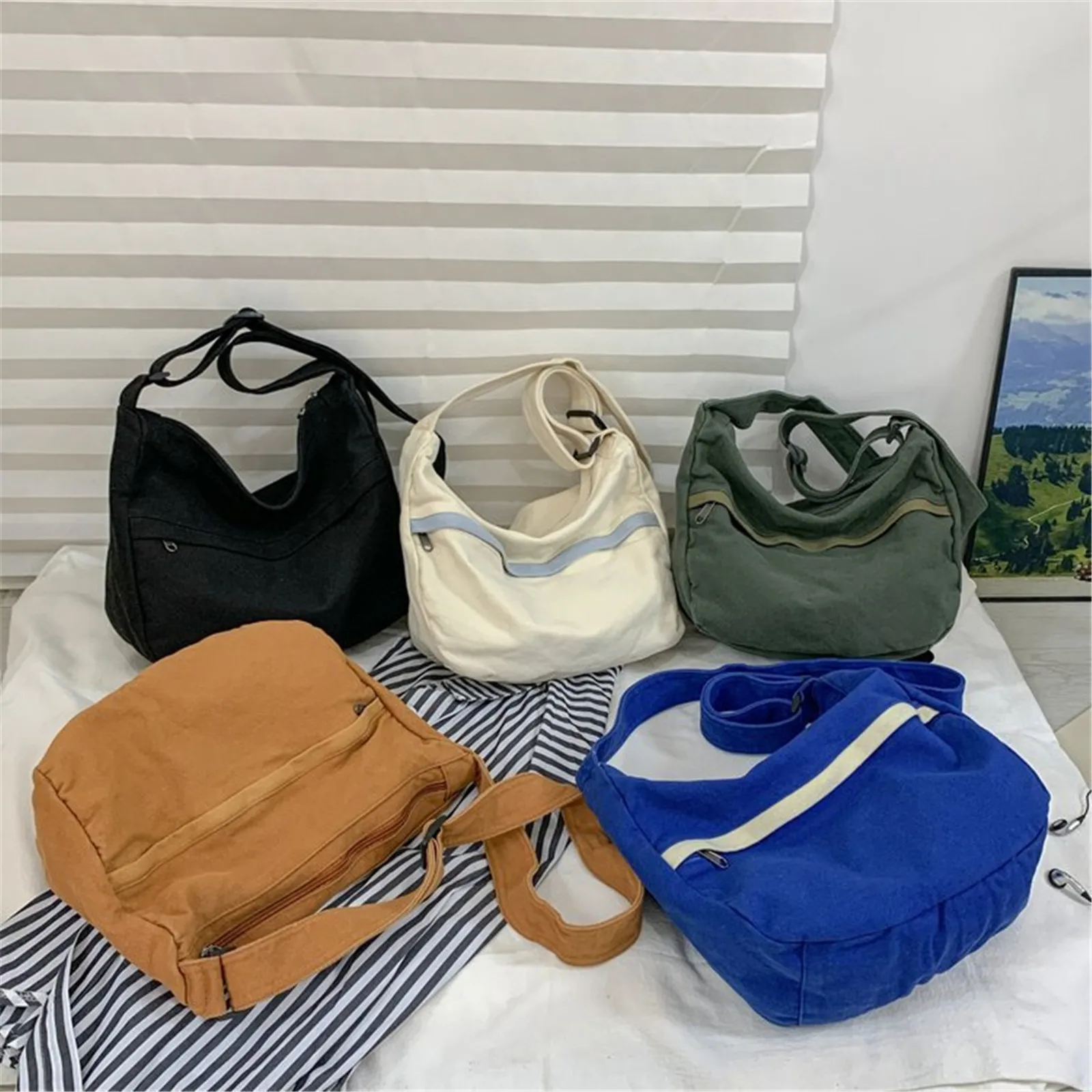 Student Harajuku Messenger Bag Solid Color School Casual Canvas Women Men Crossbody Shoulder Bags Zipper Large Capacity Handbags