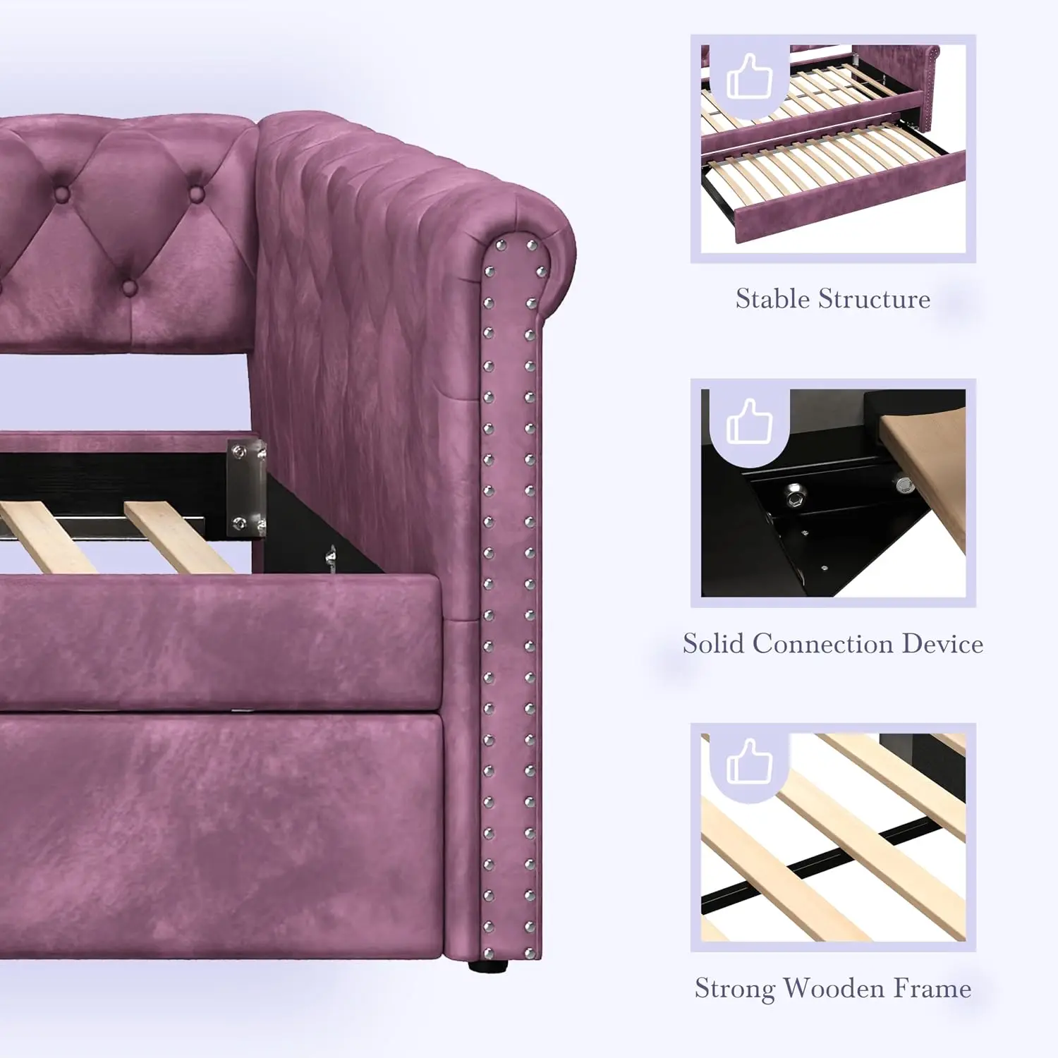 Twin Daybed With Trundle, Upholstered Sofa Bed With Backrest & Armrests, No Box Spring, For Living Room Bedroom, Customized