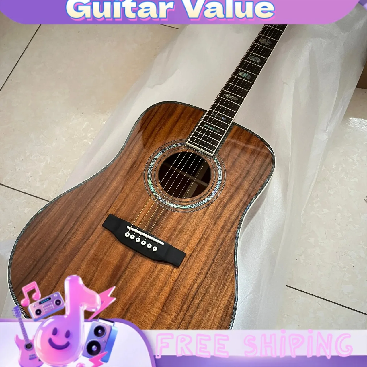 D45 KOA Body  Ebony Fingerboard 41 Inch  Acoustic Guitar  Pickup Options Available Abalone Inlay Sealed Tuners