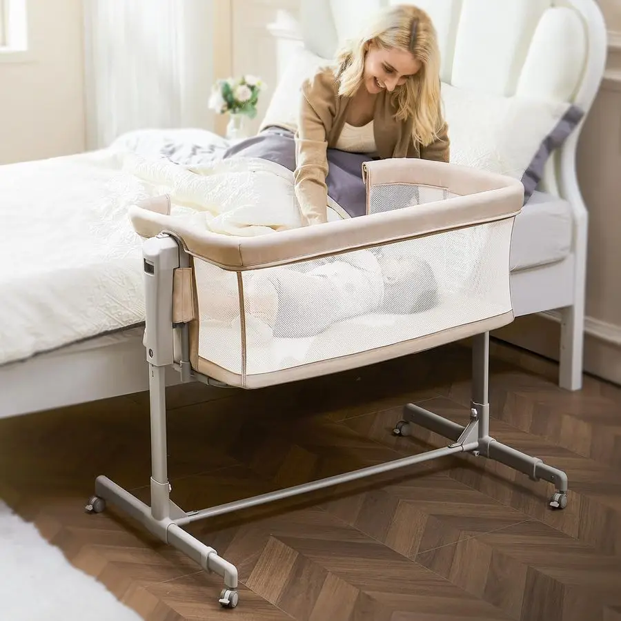 

Bassinet Bedside Sleeper 3in1, Easy Night Feeding with OneSide Fold amp Rolling Wheels, Breathable Mesh, 6Height Adjustable, Sof
