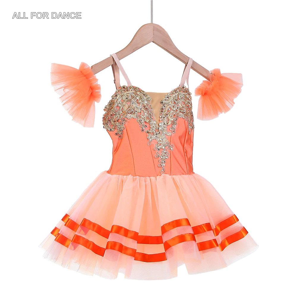 ชุดบัลเลต์สำหรับผู้ใหญ่หญิง 25030 สีส้มกำมะหยี่แต่งขอบทอง พร้อมกระโปรงบัลเลต์ทรงพอง สำหรับการแสดงบนเวที