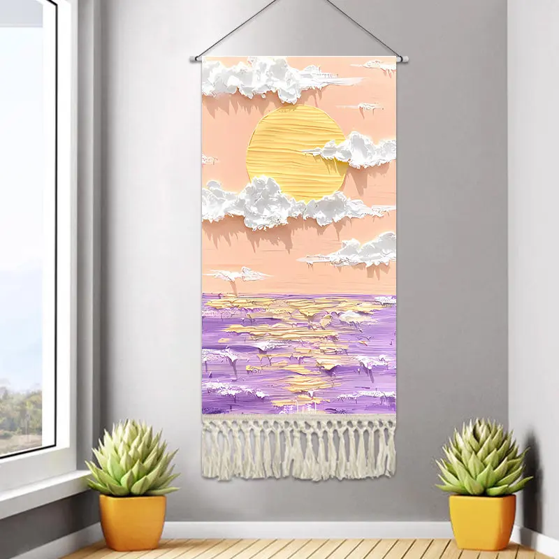 Nordic Wall Art Tapestry with Fringe - Aesthetic Room Decor Oil Painting Print Kawaii Wall Hanging for Bedroom and Yoga Studio