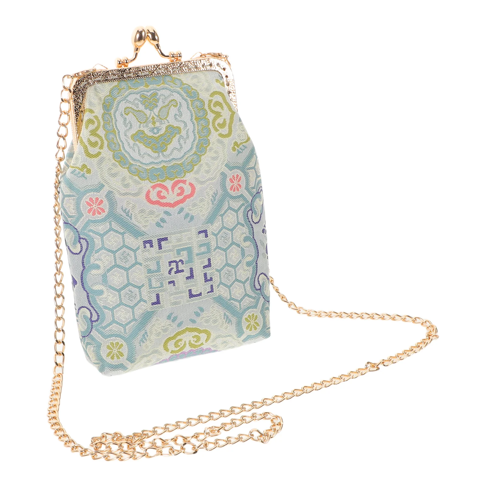 1 Vintage Crossbody Coin Purse 110Cm Chain Embroidered Floral Pattern Small Phone Bag for Women Ethnic Mini Shoulder Pouch
