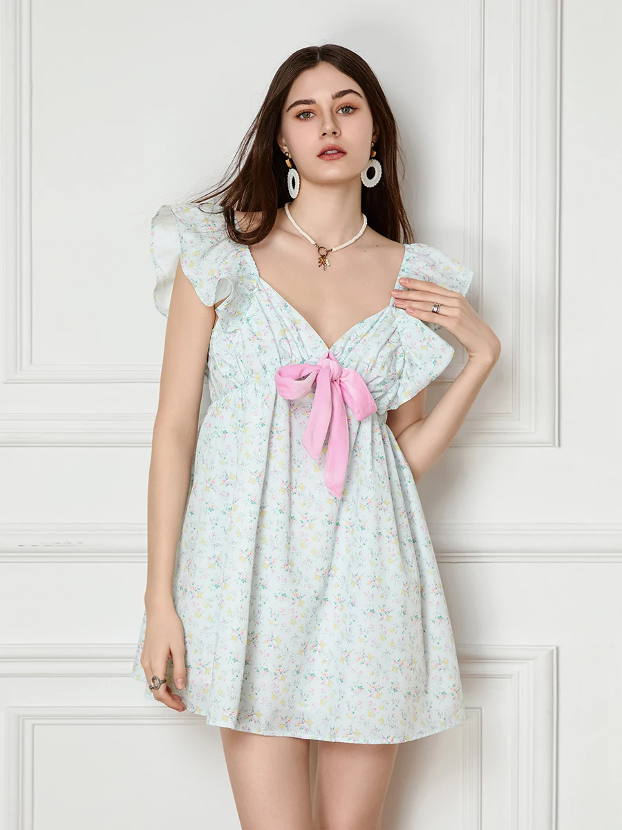 Elegant Women s Mini Dress with Floral Print Flutter Sleeves and Bow Detail Perfect for Summer Beach Parties and Casual