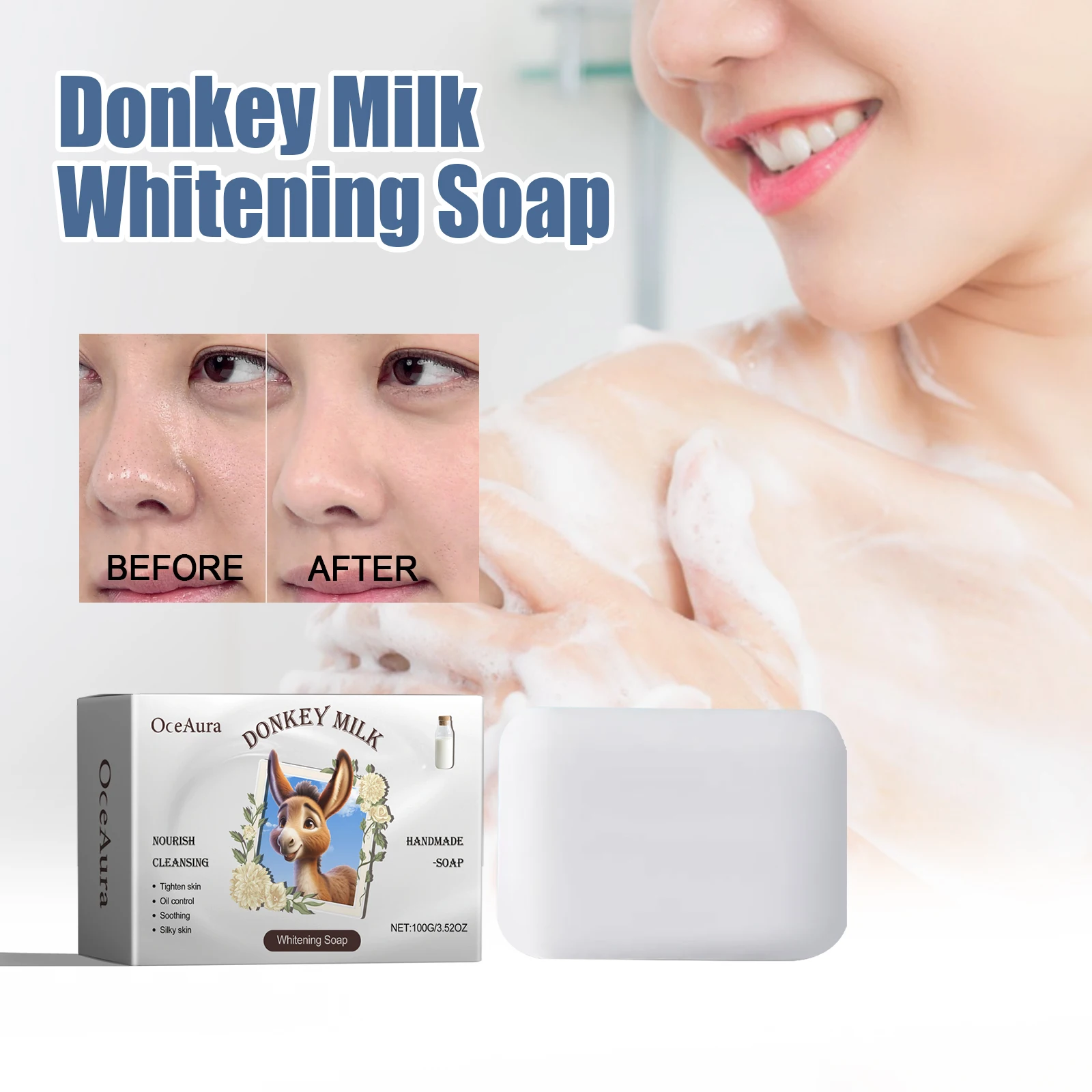 OCEAURA Donkey Milk Whitening Soap with Donkey Milk,Butyrospermum oil Bath Soaps Donkey Milk Soap Suitable for all Skin Types