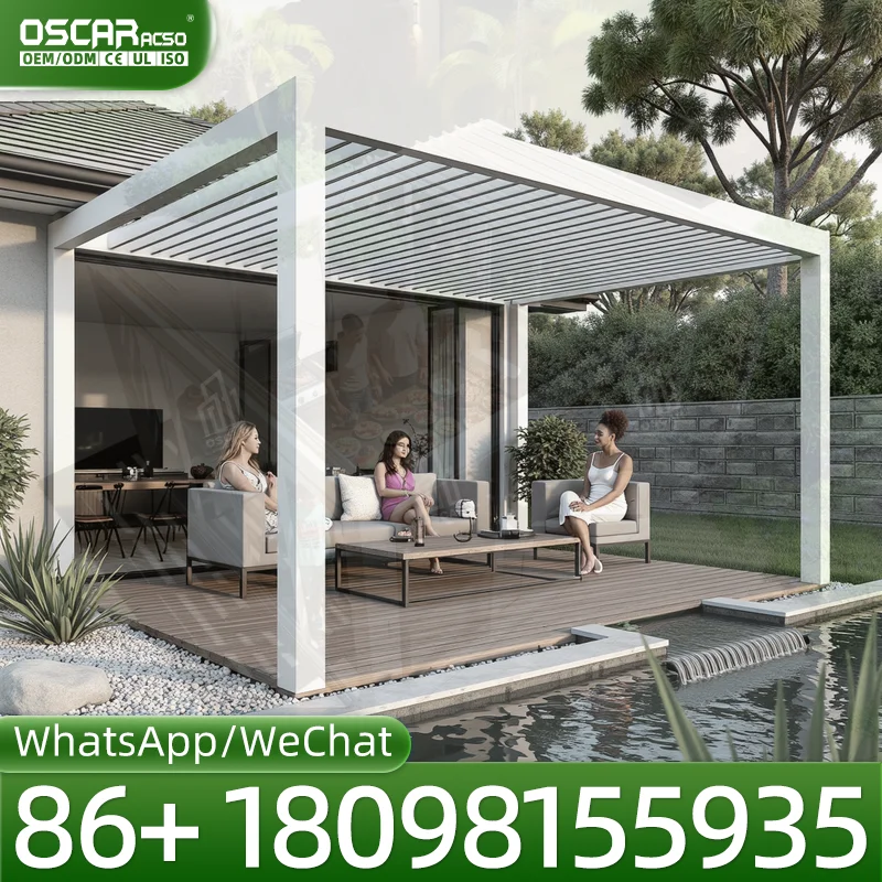 AllAluminum Modern Pergola Arbours Windproof Rainproof Louvered Roof CorrosionResistant Powder Coated Finish for Coastal Mediter