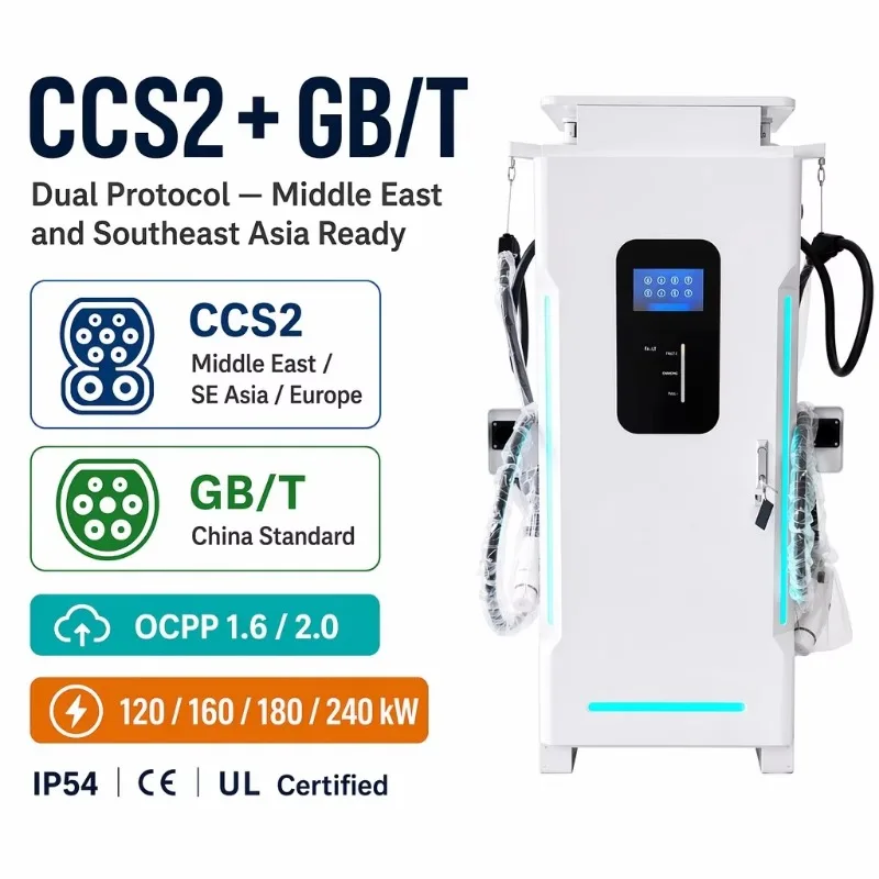 Customized 240KW DC Fast Charging Pile 7 Inch HMI Touch Screen LED Strip Light GBT CCS2 IP54 Outdoor Smart EV Charging Pile