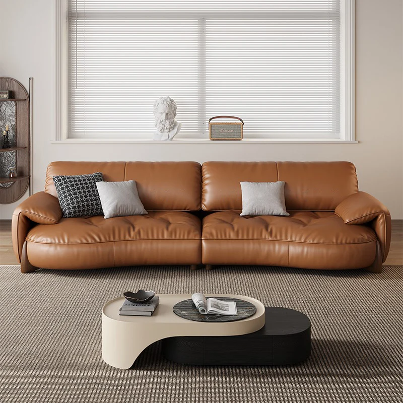 

#Italian Minimalist Modern Design Genuine Leather Modular Sectional Sofa Elephant Ear Retro Straight Row Small Apartment Living