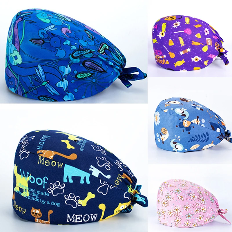 New Soft Cotton Scrub Cap Cartoon Printing Nurse Hat for Women Surgicals Hat with Buckle Operating Room Hat Nursing Accessories