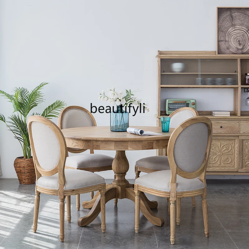 American rural retro solid wood round dining table full oak home log table and chair furniture
