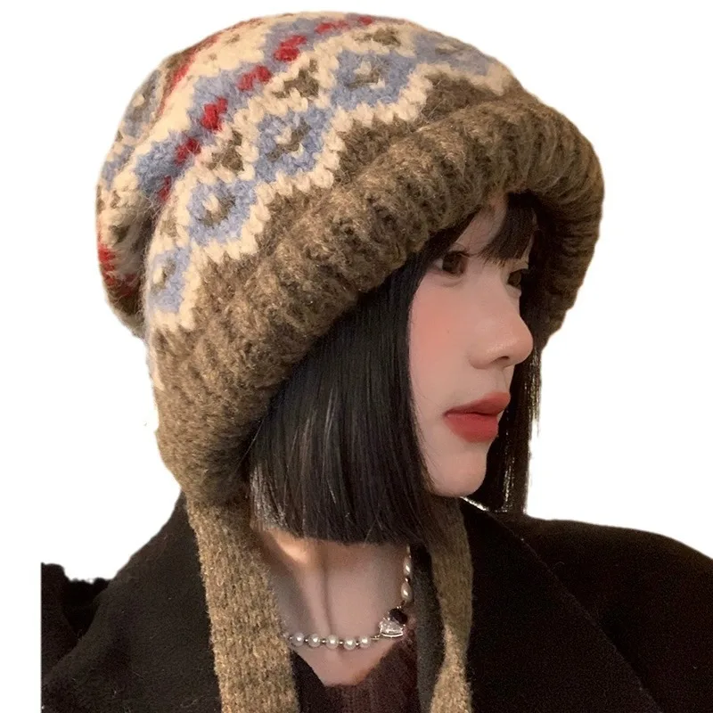 New Women\'s Autumn/Winter Ethnic Style Striped Splicing Wool Hat Thickened Warm and Cold Proof Ear Protection Hat