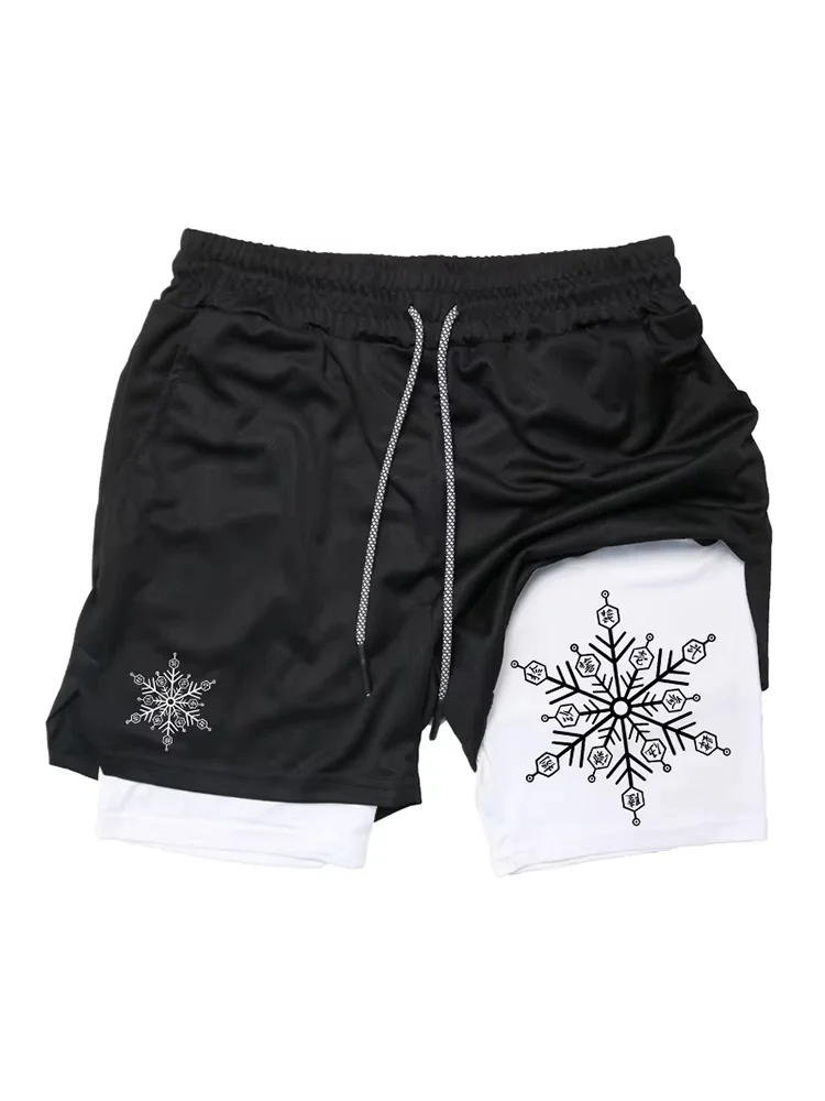 Men's athletic breathable quick-dry training shorts with devil smile print, 2-in-1 performance shorts DF0025