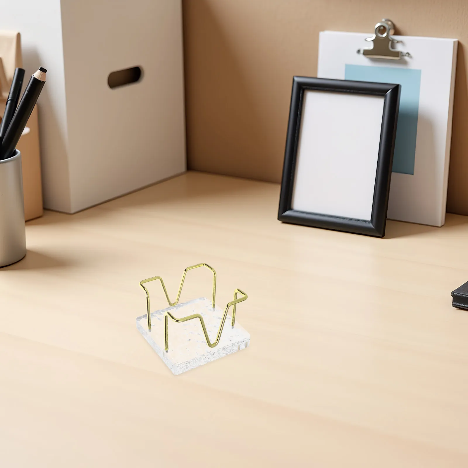 

Memo Pad Holder For Desk Acrylic Note Organizer Small Square Card Display Stand Golden Desktop Storage Cube Metal Wire Note