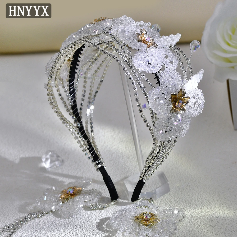 HNYYX Luxury Rhinestone Hair Accessories Crystal Beaded Flower Headband Vintage Wide Hair Hoop Hairwear Bridal Headdress A101