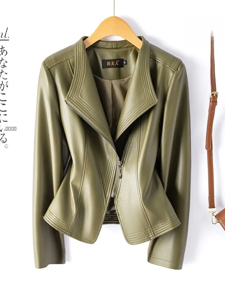 ファッショナブルな本革ジャケット女性のスリムシープスキンバイカーコートジッパースリムフィット通勤スリム秋新作