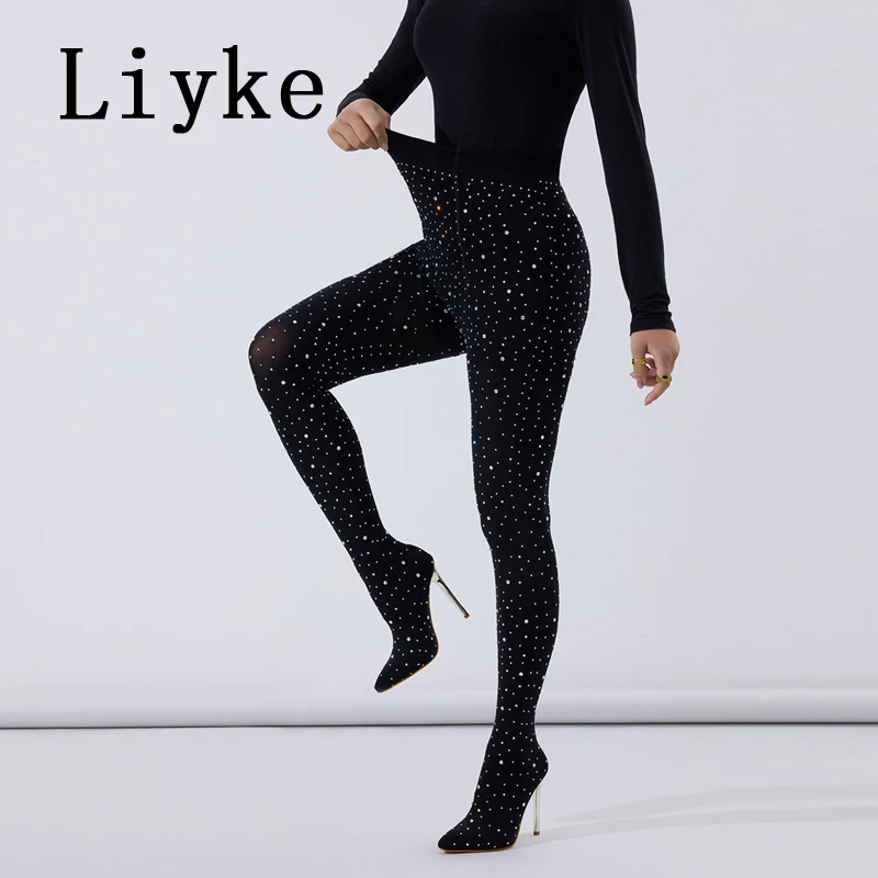 

Liyke Sexy High Waisted Tight Elastic Jumpsuit Boots Women Shoes Rhinestone Stretch Fabric Pointed Toe Party Club Stripper Heels