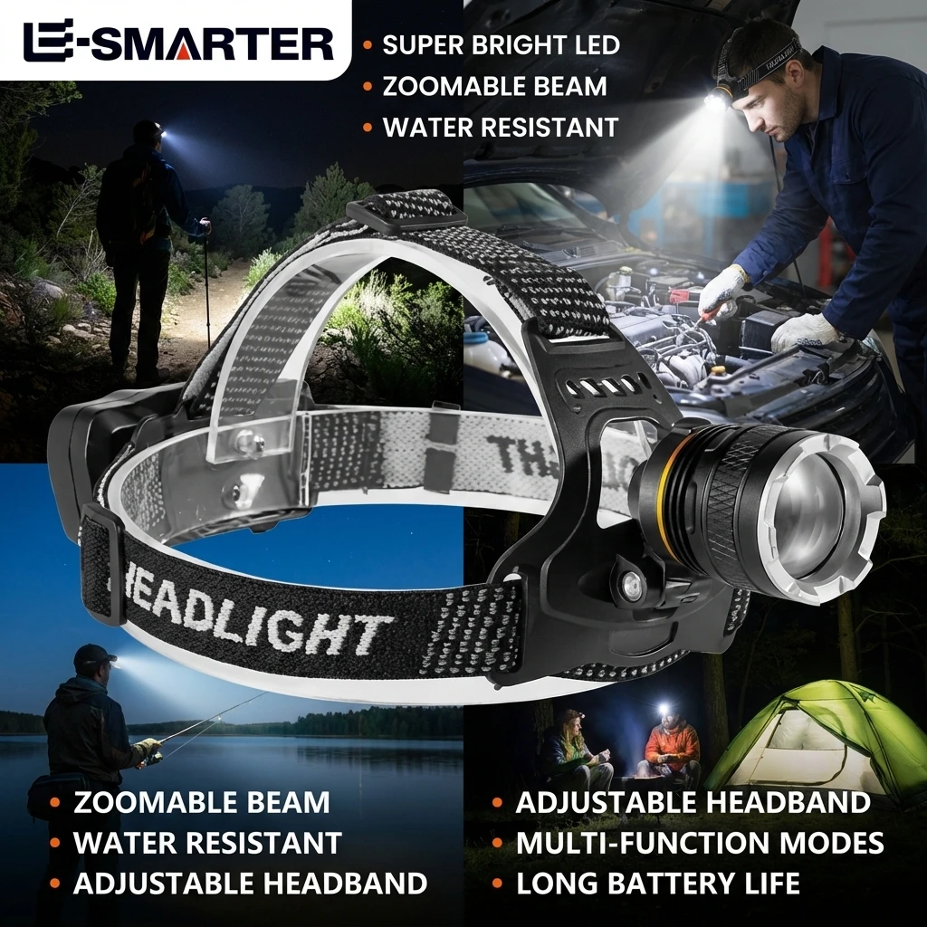 Zoom Lantern Rechargeable XHP50 LED Headlamp Waterproof Head Light Fishing Searching Camping Head Flashlight