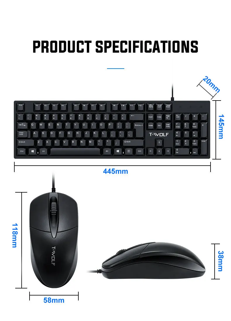 TF500 Wired Office Keyboard and Mouse Combo USB Full‑size 104 Keys Ergonomic Desktop Keyboard Mouse Set for PC Laptop