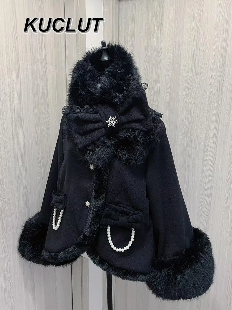 Ciepły płaszcz dla dziewcząt, zimowy, gruby płaszcz damski, styl subkultury japońskiej, koronkowy płaszcz damski, kokarda, szalik z płatkiem śniegu, kurtka codzienna.