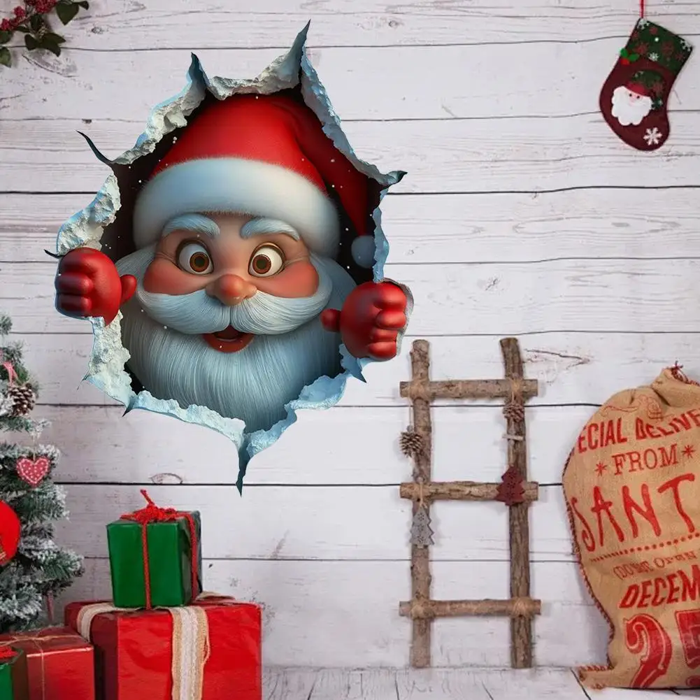 عيد الميلاد لطيف سانتا كلوز يكسر من خلال الجدار تصميم تأثير ملصقات الحائط المرحاض ذاتية اللصق القابلة للإزالة ديكورات المنزل