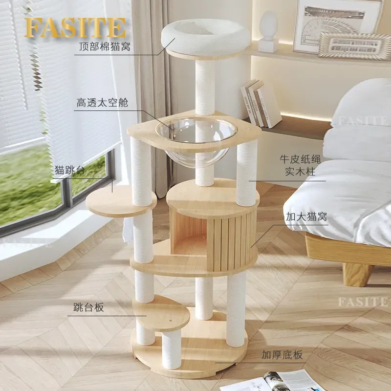For Cat Large Solid Rubber Wood Climbing Frame Integrated Cat Tree Tower Nest Shelf Space Saving Sturdy Furniture for Indoor