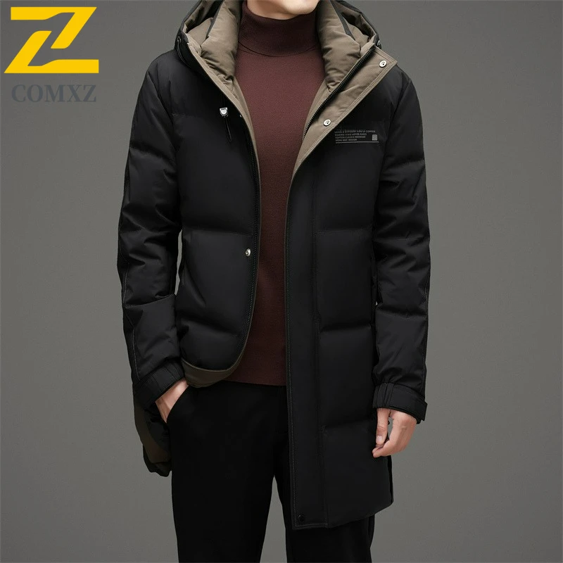 COMXZ New Men Long Down Jacket Hooded Casual Working Warm Puffer Coat High Quality Outdoor Windproof Warm Winter Mens Clothing