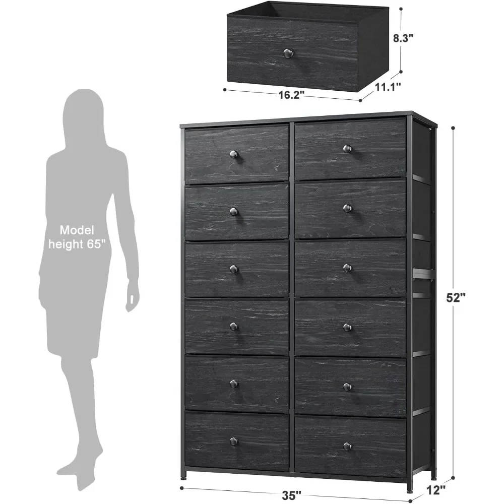 Dresser for Bedroom with 12 Drawers Tall Dressers & Chests of Drawers for Bedroom for Closet Wooden Top & Metal Frame