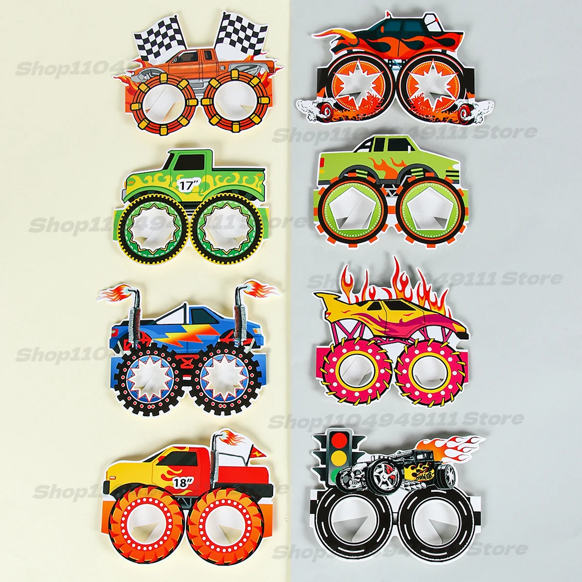 

8pcs Cartoon Monster Truck Paper Glasses Photo Booth Props Boy Excavator Truck Tractor Construction Birthday Party Decors