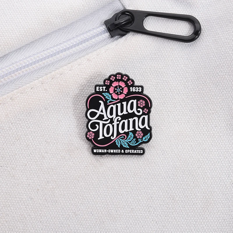 Feminist Aqua Tofana Apothecary Enamel Pin WOMAN OWNED OPERATED Brooch Collar Lapel Badge Decorative Jewelry Gift for Friends