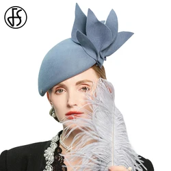 Women's FS Wool Felt Beret Haze Blue with Big Flower Formal Occasion Fedoras Fascinator Retro Dress Cap for Ladies