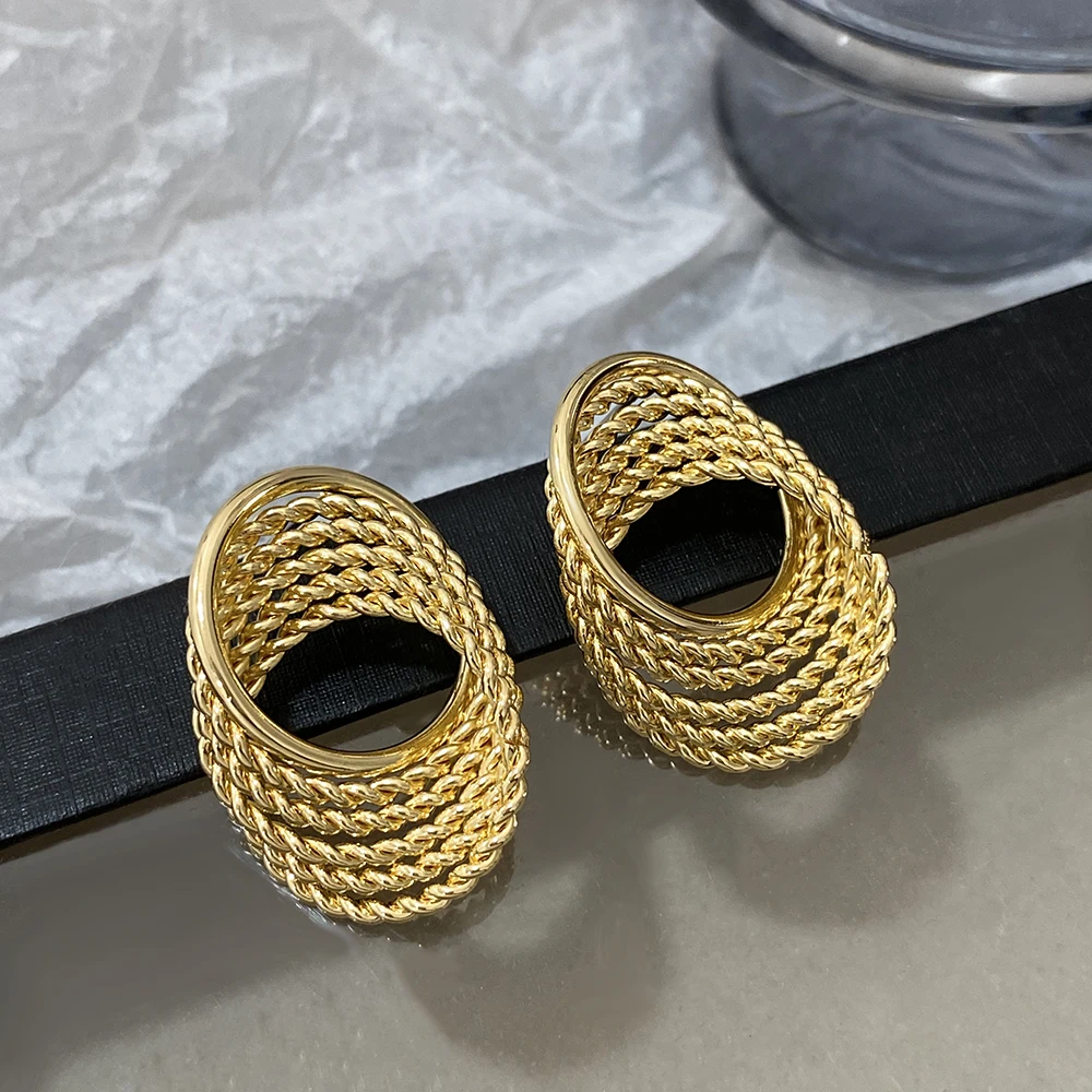 AENSOA Punk Metal Layered Twist Big Geometric Stud Earring Unique Gold Silver Color Statement Earring Women 2024 Fashion Jewelry image 2