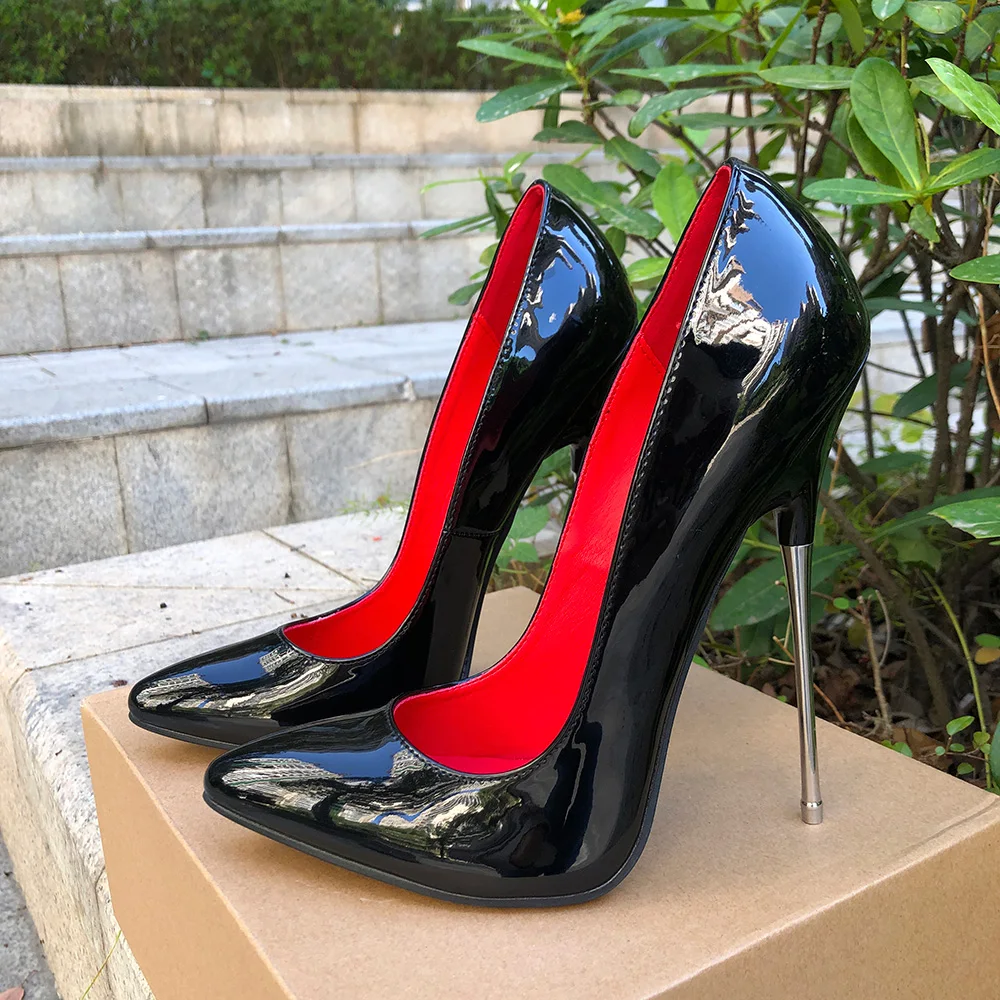 Women Red Inside Pumps 16cm Extreme Metal High Heels Black Sexy Pointy Toe Stilettos Man Fetish Model Party Unisex Shoes Size 46