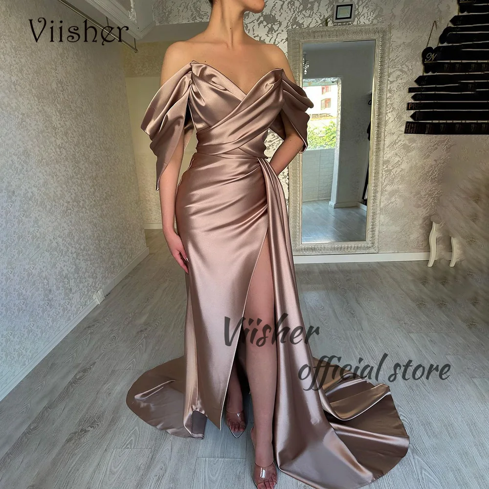 

Viisher Pleats Satin Meramid Evening Dresses Off Shoulder Leg Split Formal Prom Dress with Train Women Evening Party Gown