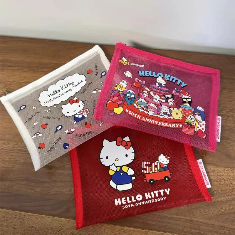 Sanrio Hello Kitty Cosmetic Bags Cartoon Transparent Mesh Bag Portable Toiletries Organizer Stationery Storage Pouch Pencil Case