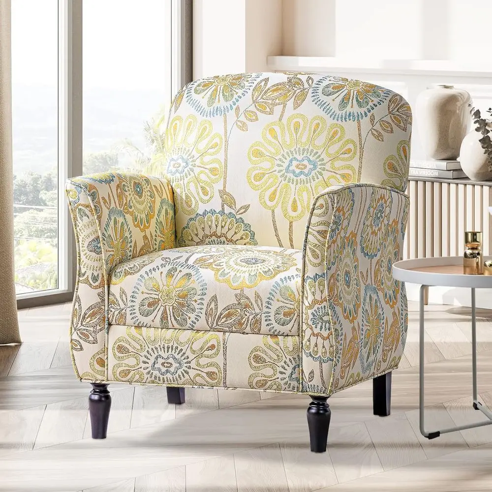 

Retro Casual Wingback Armchair Accent Chair Beige and Yellow Fabric Living Room