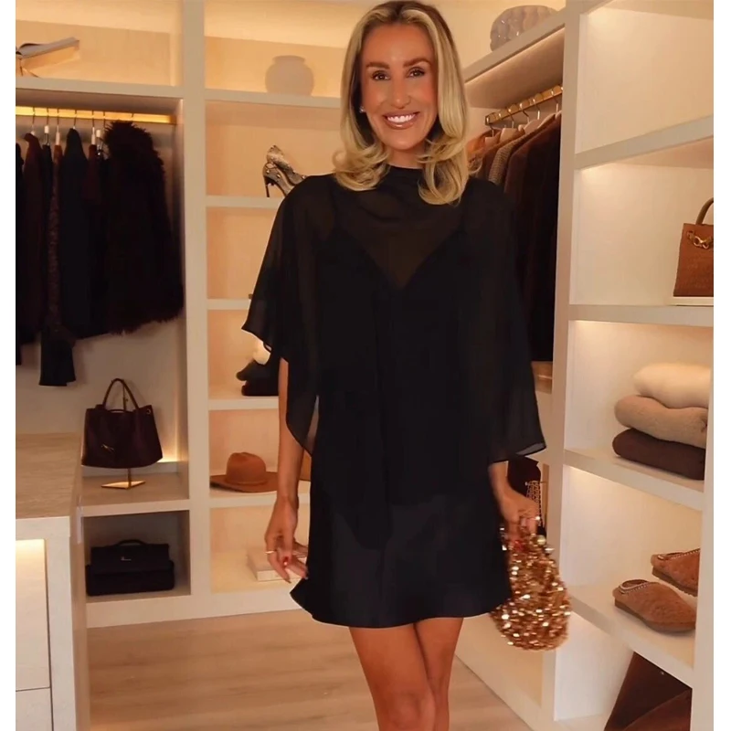 HXAO-vestido negro asimétrico para mujer, vestidos cortos de fiesta para mujer, minivestido de satén con capa, vestidos de noche semitransparentes sexis para mujer