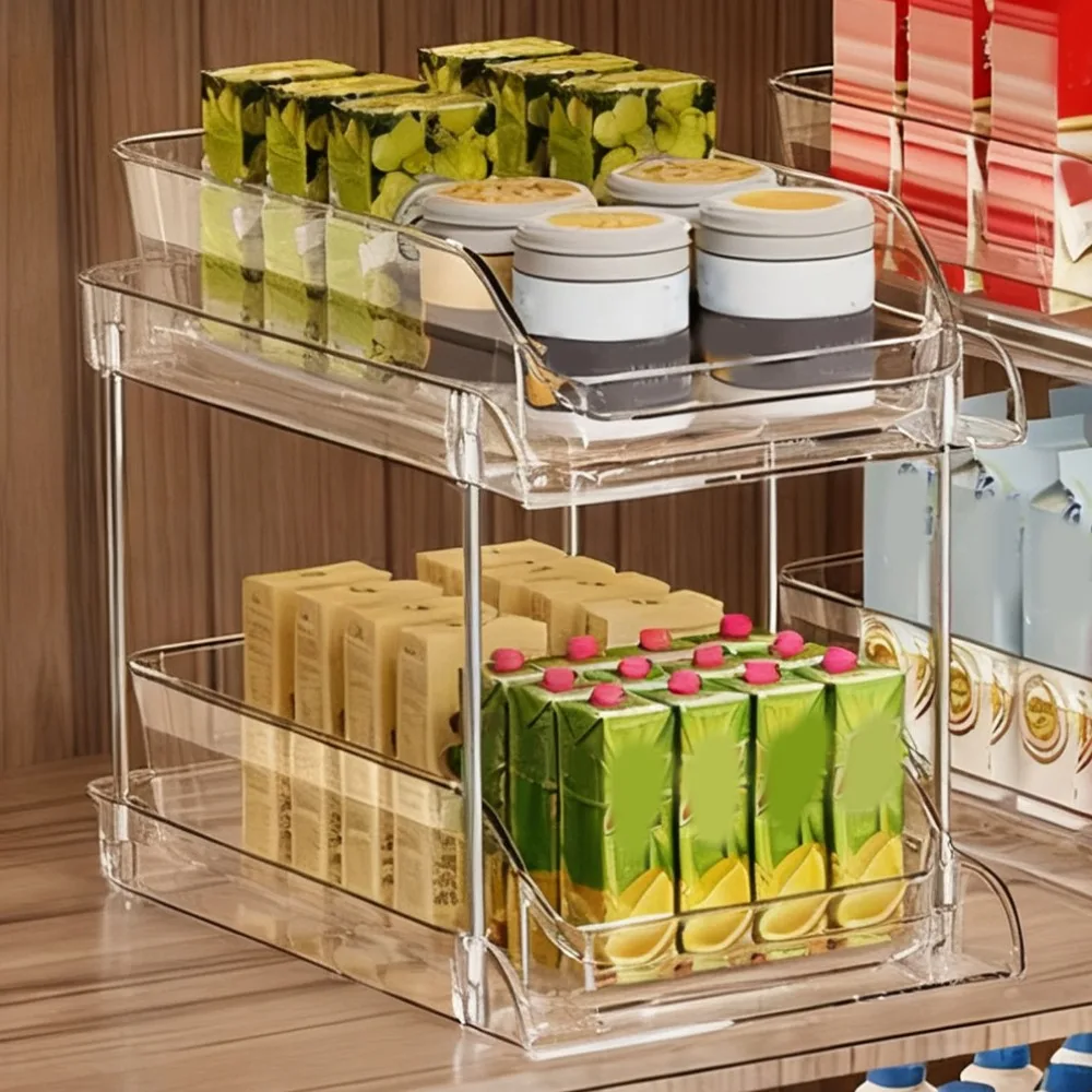 PET Under Sink Organizer 2 Tier Transparent Pull Out Storage Shelf Pull Out Design Multi Purpose CD Holder Stand Kitchen Storage