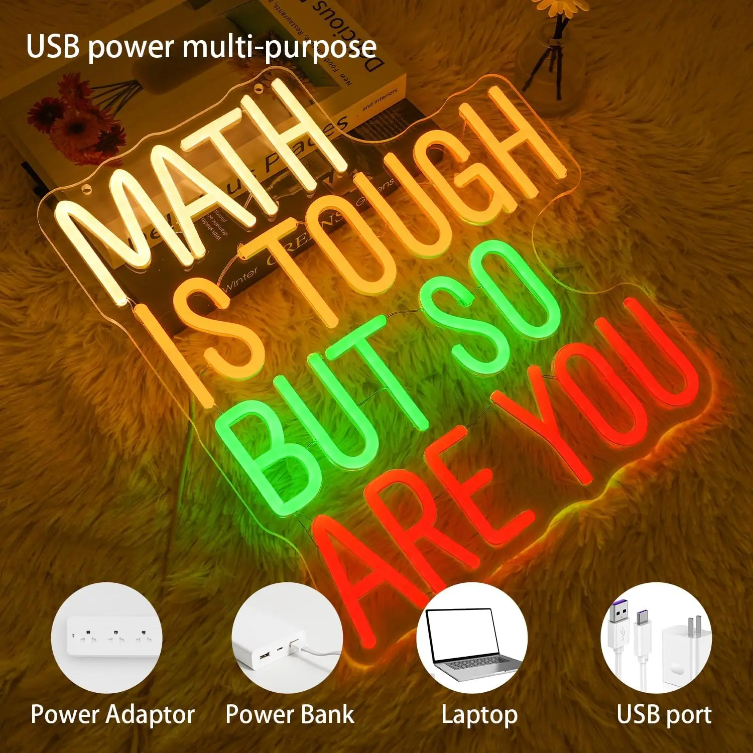Math Is Tough But So Are You Neon Sign USB Dimmable LED Neon Light for Classroom Room Office Library Home Decoration Gift