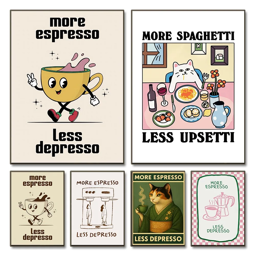 1Piece Frameless,More Espresso,Less Depression Printing,Coffee Machine,Cat Drinking Coffee Cartoon Canvas Wall Artist Home De