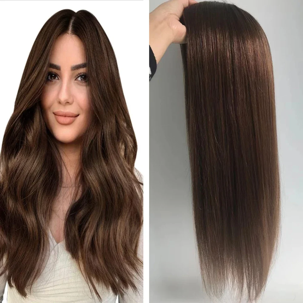 Topper do cabelo humano com grampo para mulheres, extensões do cabelo, base de seda, perucas do cabelo do russo, reto natural, estilo popular, 12